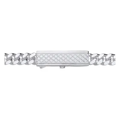 Jewelco London Mens Rhodium Plated Sterling Silver Engine Turned Rectangular Bar Buckle Curb Cha