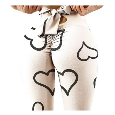 (White Black, L) Wave Point Bow Yoga Pants for Women Push Up Workout Sport Fitness High Waist Sq