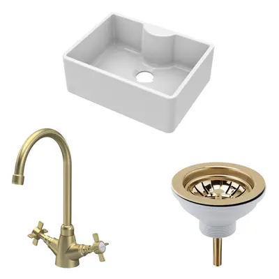 Fireclay Kitchen Bundle - Single Bowl Butler Sink with Tap Ledge, Waste & Mono Tap, 595mm - Brus