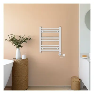 (White, 600x500mm) NRG Prefilled Thermostatic Electric Straight Heated Towel Rail Radiator