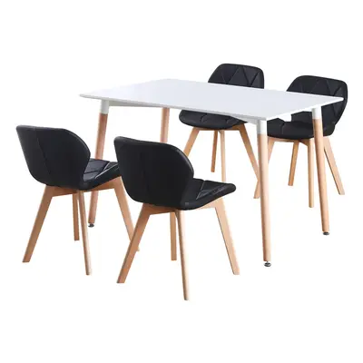 (White Table & Black PU Chairs) Charles Jacobs Rectangular Seat Dinner Table & Chair Scandi Set 