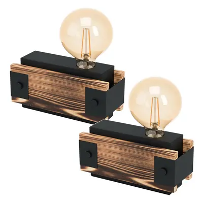 2 PACK Table Lamp Desk Light Black Steel & Wood Bedside Box 1x 16W E27