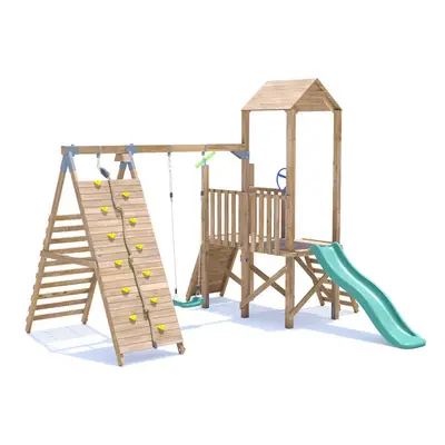 FrontierFort Climbing Frame with Single Swing, LOW Platform, Tall Climbing Wall & Slide