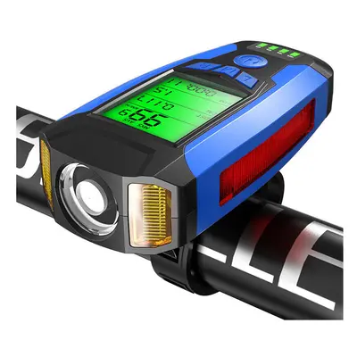 (Blue) 3-in-1 300LM COB Bike Headlight LCD Screen 5-Modes Bicycle Lamp 130dB Bike Horn Outdoor C