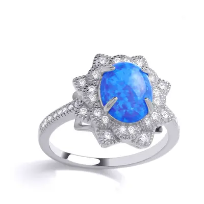 (N) Jewelco London Sterling Silver CZ & Created Opal Fancy Ring Cocktail Ring - GVR882