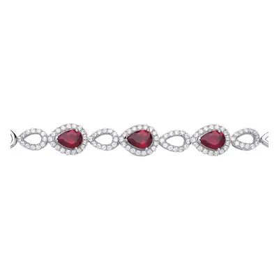 Jewelco London Ladies Sterling Silver Ruby-Red Pear Cubic zirconia Halo Cluster Tennis Bracelet 