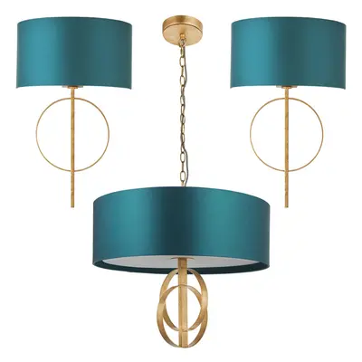 Antique Gold Hoop Bulb Ceiling Pendant & 2x Wall Light Bundle - Teal Shade