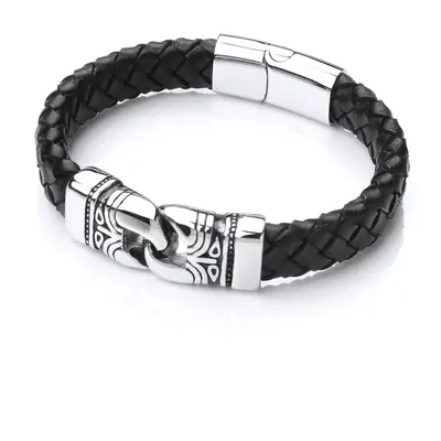 Jewelco London Mens Rhodium Plated Stainless Steel Black Leather Platted Tribal Link Cuff Bracel