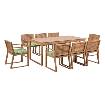 8 Seater Acacia Wood Garden Dining Set with Leaf Pattern Green Cushions SASSARI