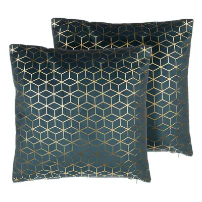 Set of Velvet Cushions Geometric Pattern x cm Teal Blue CELOSIA