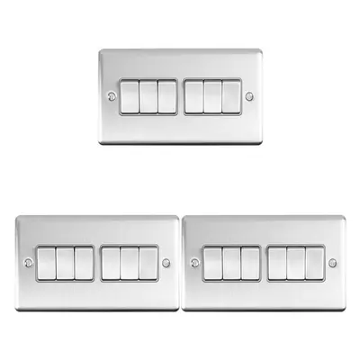 3 PACK Gang Metal Multi Light Switch SATIN STEEL Way 10A Grey Trim