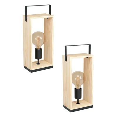 2 PACK Table Lamp Desk Light Black & Natural Steel & Wood Box 1x 40W E27