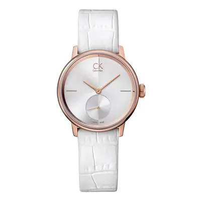 Calvin Klein Accent Ladies Watch K2Y236K6|Round Silver Dial|White Leather Strap