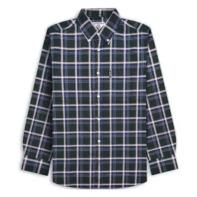 (S, Green/Navy) Lambretta Mens Long Sleeve Checked Checkered Smart Shirt - Green/Navy