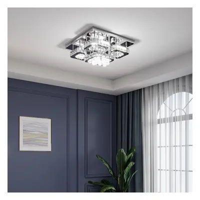 (50cm Square, Cool White) Modern LED Ceiling Light Crystal Flush Chandelier