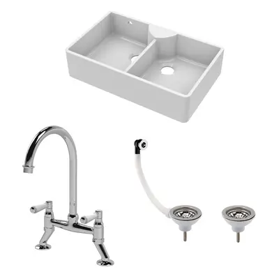 Fireclay Kitchen Bundle - Double Bowl Stepped Weir Butler Sink, Wastes & Bridge Lever Tap, 895mm