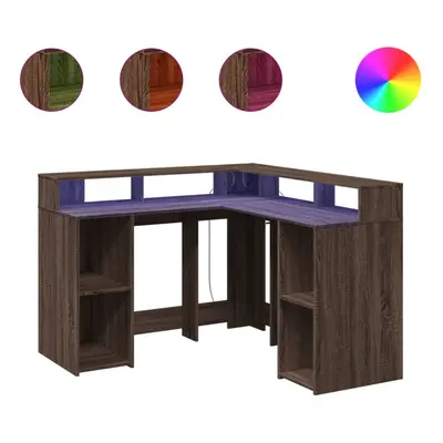 vidaXL Desk with LED Lights Writing Working Table Brown Oak Engineered Wood