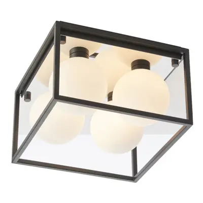 Matt Black Square Framed Semi Flush Bathroom Ceiling Light & Sphere Glass Shades