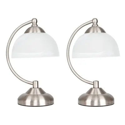 Pair of - Curved Brushed Chrome & Frosted Glass Bedside Table Lamps- Complete with 4w LED Bulbs 