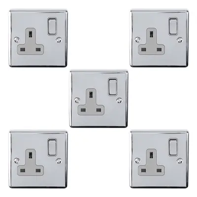 5 PACK Gang Single UK Plug Socket POLISHED CHROME 13A Switched GREY Trim