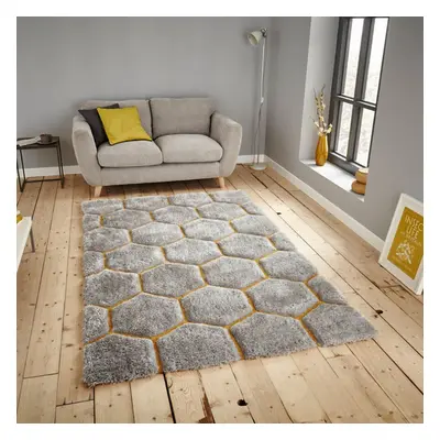 (120x170cm) Noble House Honeycomb Geometric Rugs NH30782 in Grey Yellow Textured 3D Effect Hand 