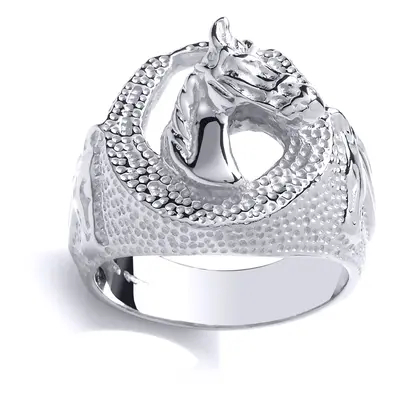 (T) Jewelco London Mens Rhodium Plated Sterling Silver # Horse Shoe Head Signet Ring