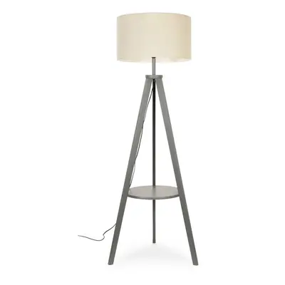 ValueLights Morrigan Grey Wood Tripod Floor Lamp with Large Natural Reni Shade