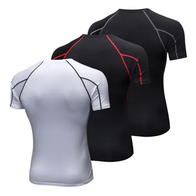 (White Black, L) Men Short Sleeve Compression Shirt Pack of