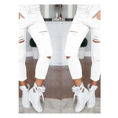 (White, 4XL) Women Causal Holes High Waist Loose Solid Skinny Jeans