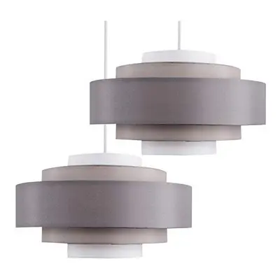 Pair of - Modern Tier Cylinder Ceiling Pendant Light Shades in a Tone Grey Finish - Complete wit