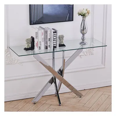 120x40CM Rectangle Tempered Glass Top Side Table with Chrome Legs