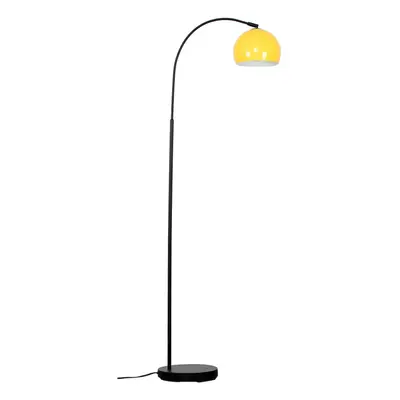 Modern Designer Style Black Curved Stem Floor Lamp with a Gloss Yellow Arco Style Metal Dome Lig