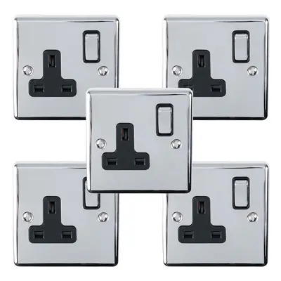 5 PACK Gang Single UK Plug Socket POLISHED CHROME 13A Switched Black Trim