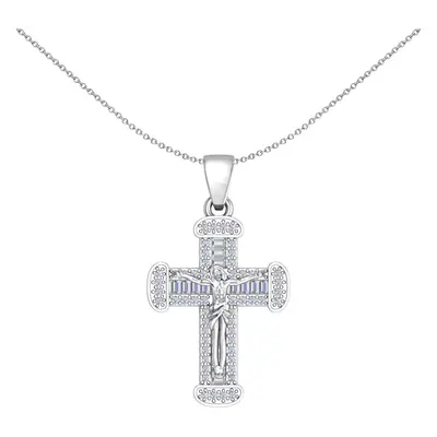 Jewelco London Unisex Sterling Silver Baguette CZ Byzantine Shimmering Crucifix Cross Pendant Ne