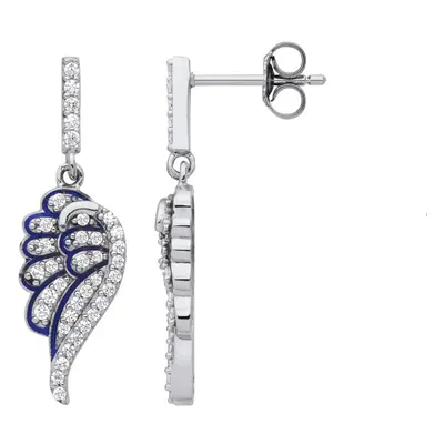 Jewelco London Ladies Rhodium Plated Sterling Silver CZ Blue Enamel Angel Dove Wing Drop Earring