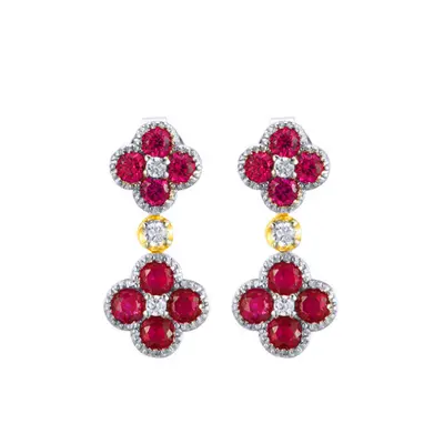 Jewelco London 14k Gold-plated Silver Red Round Brilliant CZ Double Clover Solitaire Drop Earrin