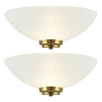 2 PACK Dimmable LED Wall Light Antique Brass White Pattern Glass Shade Dome Lamp