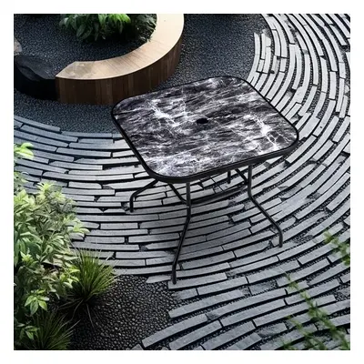 Marbling Outdoor Square Table Toughened Glass Patio Table Umbrella Hole For Garden Backyard 800m