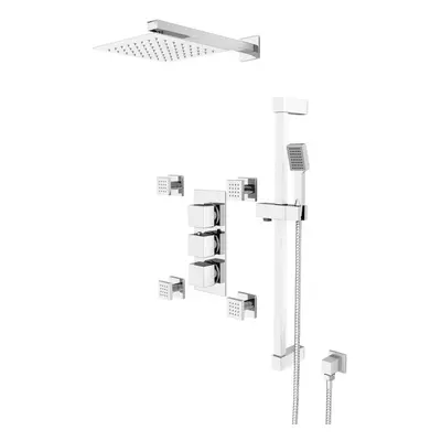 Olive Square Way Concealed Thermostatic Shower Mixer Valve, Shower Head, Handset, Slider Rail, 4