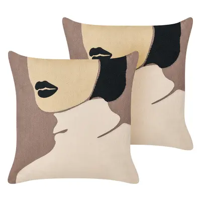 Set of Cotton Cushions Female Motif x cm Brown and Beige SILPHIUM