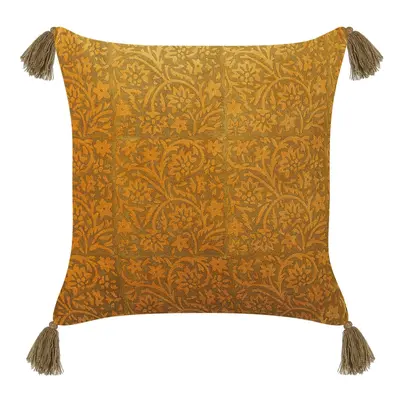 Velvet Cushion Floral Pattern with Tassels x cm Yellow RHEUM