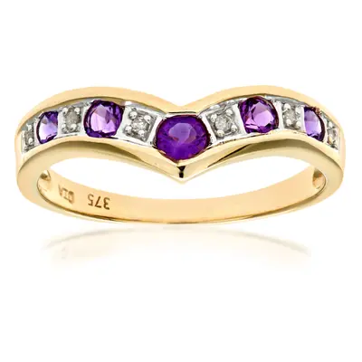 (U) Jewelco London 9ct Yellow Gold Amethyst & Diamond Wishbone Ring