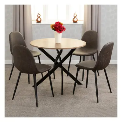 Sheldon Round Sonoma Oak Effect Dining Set with Brown PU Leather Athens Chairs