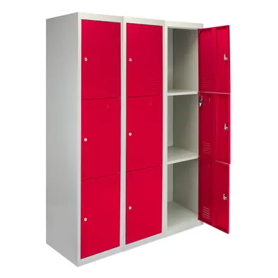 3 x Metal Storage Lockers - Three Doors, Red - Flatpack