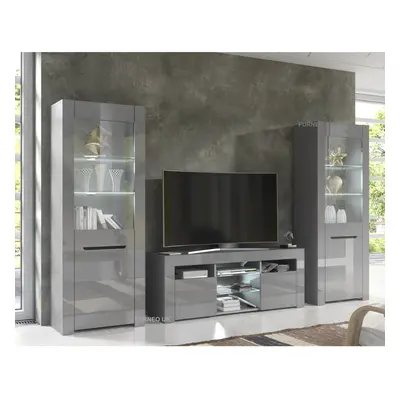 (No LED Lights) Grey Living Room Set TV Stand Display Cabinets High Gloss & Matt MilanoG LED Lig