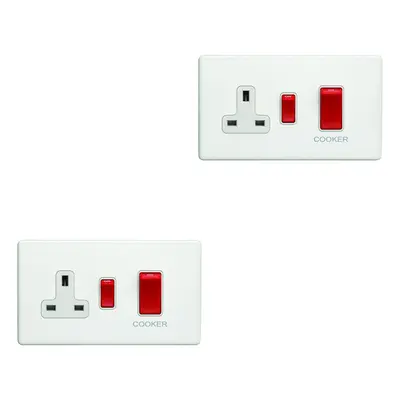 2 PACK 45A DP Oven Cooker Switch & 13A Switched Socket SCREWLESS MATT WHITE