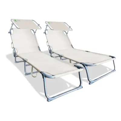 VOUNOT Set of Folding Sun Loungers with Adjustable Backrest & Sunshade, Load kg, Beige