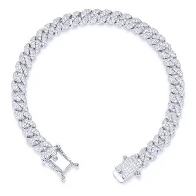 Jewelco London Men's Rhodium Silver Round CZ Encrusted Cuban Curb 6mm Chain Bracelet - ABB198-8.