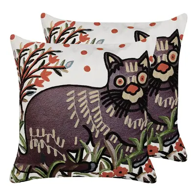 Set of Embroidered Cotton Cushions Cat Motif x cm Multicolour PHUSRO