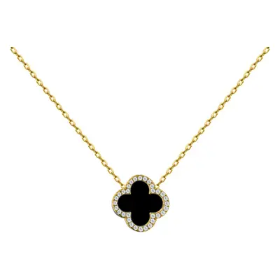 Jewelco London Gold-plated Silver Black Clover Onyx & CZ Halo Lucky Charm Pendant Necklace 16-18